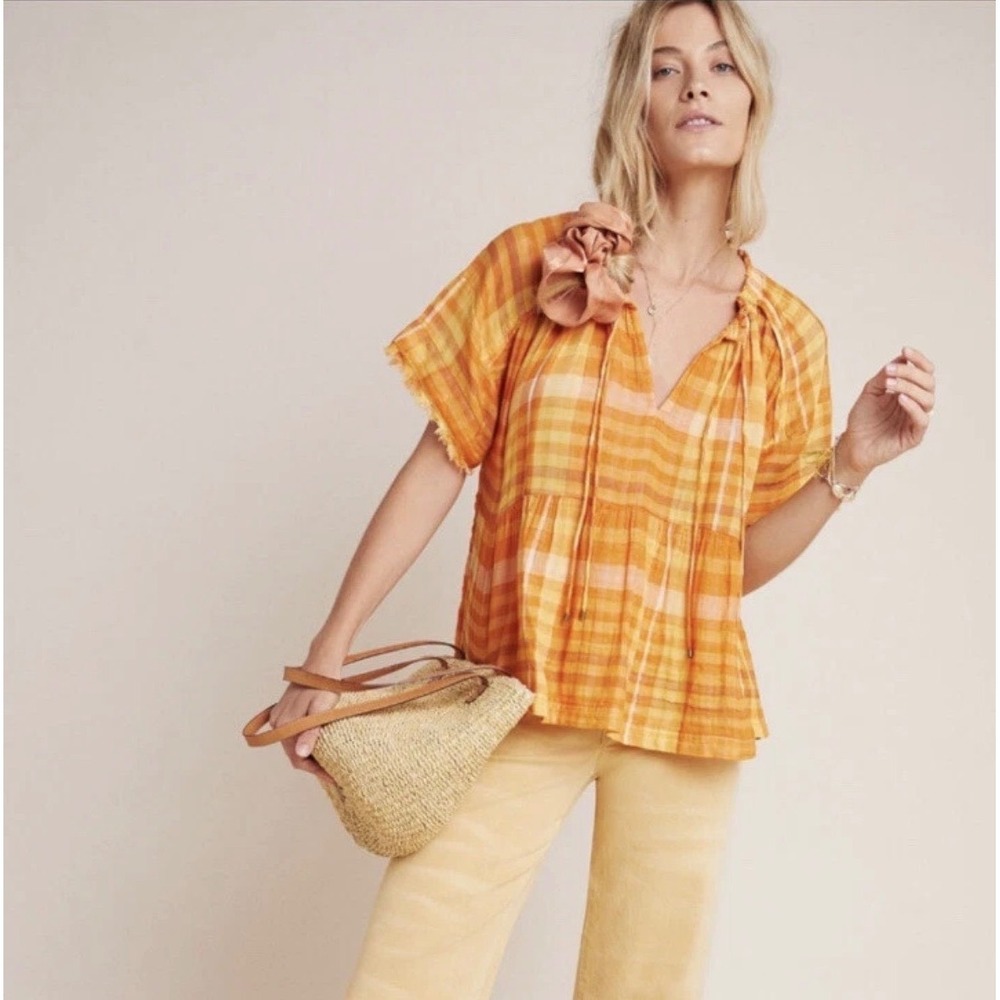 Pilcro Anthropologie Plaid Gauze Peasant Blouse Boho Orange Tiered Tassel Top XS